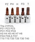 Cool 21 Piece Torx Star Bit Socket Kit With Hex Ratchet Wrench For Tightening Bolts That Are Rusty Or Stubborn Perfect For Narrow Spaces And Heavy Duty Auto Repair Jobs Without Any Bending Crack Issues, 5 chrome steel bits in sockets