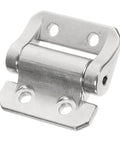 Close-up of chrome-plated cabinet door hinge damper with mounting plates and screw holes