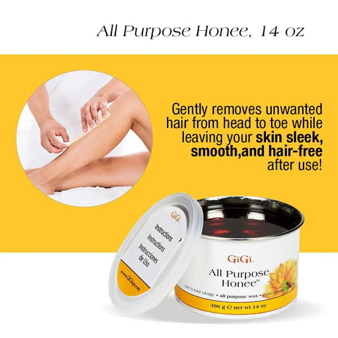 All Purpose Honee Wax, 14 oz, open container with instructions lid, part of DIY Starter Waxing Kit For Home Or Pro Salon Use.