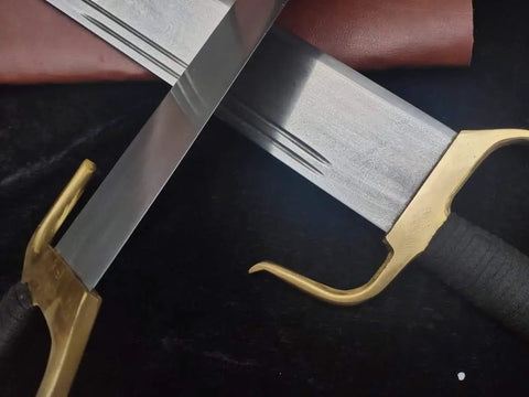 Bart Cham Dao Damascus Steel Hand Made Sword with brown leather sheath and copper handle on black background