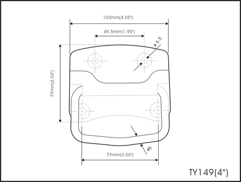 Technical drawing of Heavy Duty Ring Pull Chest Handle 4 Inch Zinc Plated For Boxes And Chests with dimensions and mounting holes