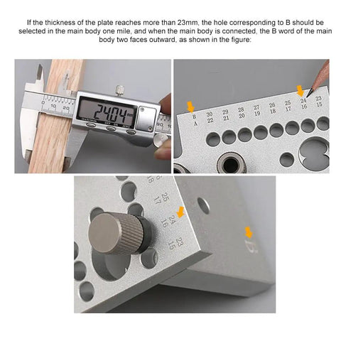 3 In 1 Adjustable Doweling Jig Kit For Woodworking Delivers Dead Nuts Accurate Hole Drilling With Smart Alignment Guides displayed with measuring tool and settings.