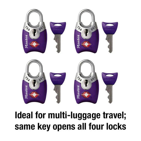 TSA Approved Luggage Lock Set 4 Pack Keyed Alike, Built Tough From Zinc Alloy, Purple Locks with Keys Shown
