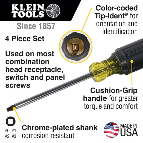 4 Piece Square Recess Screwdriver Set With Color Coded Handles Heat Treated Chrome Plated Shafts Cushioned Grip Made In USA