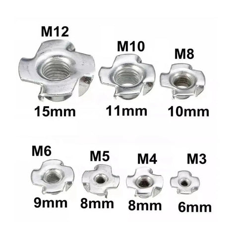 Various sizes of four-claw T-nuts including M12 to M3 for Beefy Four Claw T Nut Set for Furniture Mounting 100 Pcs