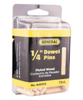 Packaging of 1/4-Inch Fluted Wood Dowel Pins, 72 Count Pack, with visible dowels inside, straight-grain hardwood, chamfered ends.