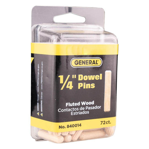 Packaging of 1/4-Inch Fluted Wood Dowel Pins, 72 Count Pack, with visible dowels inside, straight-grain hardwood, chamfered ends.