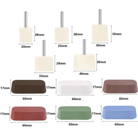 Pro Grade Drill Buffing Wheel Kit With 19 Piece Polishing Set including different sizes of felt and compound pieces.