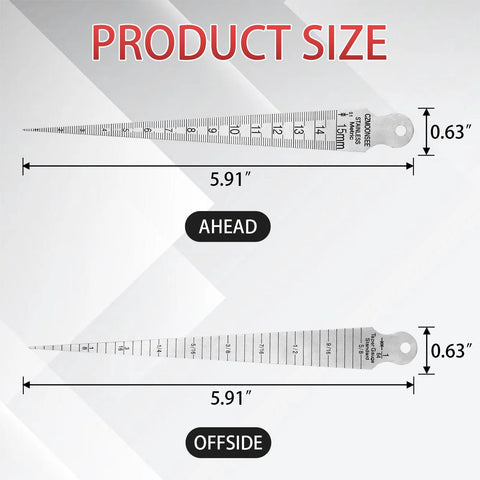 CZMOONSEE stainless steel double-sided taper gauge with inch/metric scales; 1–15 mm range, 5.91 in long, front/offside views