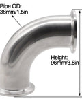 Sanitary 304 stainless steel 90° elbow pipe fitting, 1.5 in tube OD (38 mm), side view