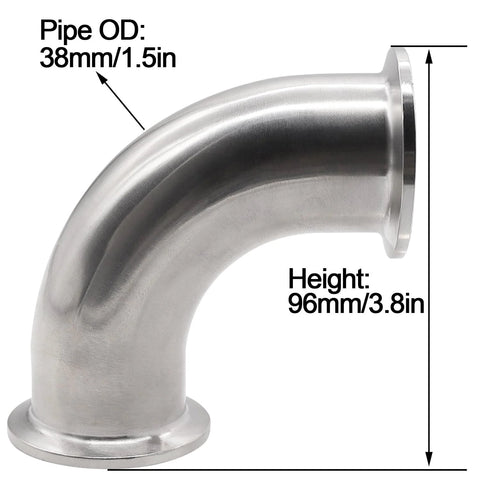 Sanitary 304 stainless steel 90° elbow pipe fitting, 1.5 in tube OD (38 mm), side view