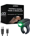 Finger Light Wearable Led Flashlight For Hands Free Illumination Perfect For Night Hiking Camping Diy And Emergencies Compact Durable Finger Torch That Clips Right On Your Finger showing packaging, USB-C cable, and LED light.