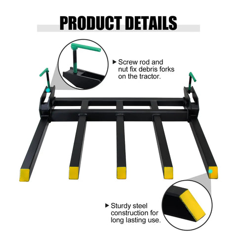 Clamp On Debris Forks For 48 Inch Tractor Bucket, 2500 Lbs Capacity, 5 Tines, showing sturdy steel construction and screw rod detail.