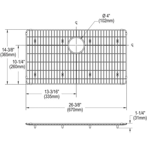 Technical diagram of Crosstown CTXBG2614 Stainless Steel Bottom Grid For Sinks With Protective Feet, dimensions included.