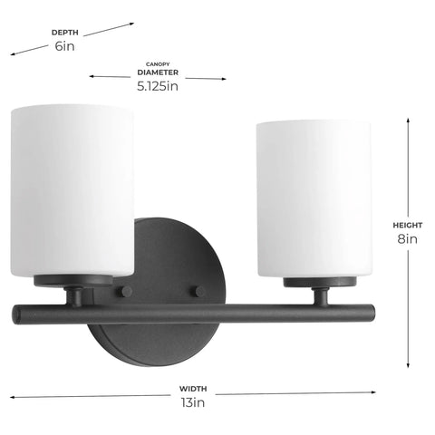 Two-Light Vanity Light In Slick Textured Black With Etched White Glass Shades For Over The Mirror Modern Bathroom Fixture