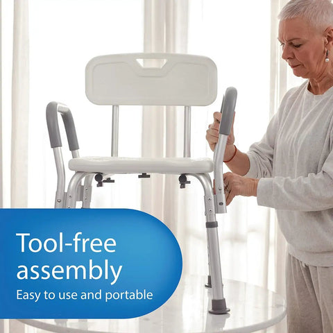 Heavy Duty Shower Chair With Padded Armrests And Back For Inside Shower Comfort And Safety Slip Resistant Bathtub Seat shown during assembly