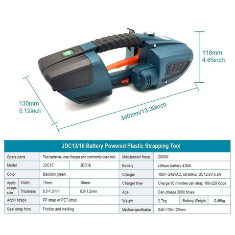 Automatic Electric Strapping Machine With Hot Melt Welding Seal And Rechargeable Battery For No Sweat Carton Boxing dimensions and features.