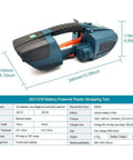 No Sweat Battery Powered Electric Strapping Machine Featuring Hot Melt Welding, Rugged 4000 Mah Cell Fits Half To Five Eighth Inch Tape, Job Site Ready Adjustable Tension For Effortless Box Bundling And Pallet Securing showcased with dimensions 340x130x120mm.