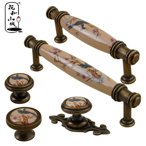 Vintage Ceramic Cabinet Knobs With Antique Bronze Finish Magpie On Plum Blossom Ornament Drawer Pulls variety shown