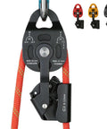 Self Locking Pulley With Progress Capture Swing Side For Heavy Hauling And Lifting System Aluminum Alloy Wheel 400 Kg Load 25 KN Breaking Strength Ball Bearings 8 To 12 Millimeter Rope Compatibility 18cm By 7.5cm Anodized Finish Black with red rope