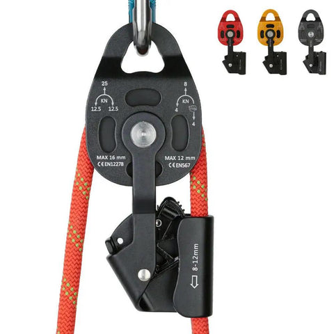Self Locking Pulley With Progress Capture Swing Side For Heavy Hauling And Lifting System Aluminum Alloy Wheel 400 Kg Load 25 KN Breaking Strength Ball Bearings 8 To 12 Millimeter Rope Compatibility 18cm By 7.5cm Anodized Finish Black with red rope