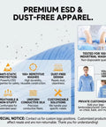 Womens ESD Cleanroom Jacket And Pants Set With Anti Static Conductive Grid Fabric That Kicks Lint To The Curb And Delivers True US Tailoring For A Smooth All Day Fit with promotional text.