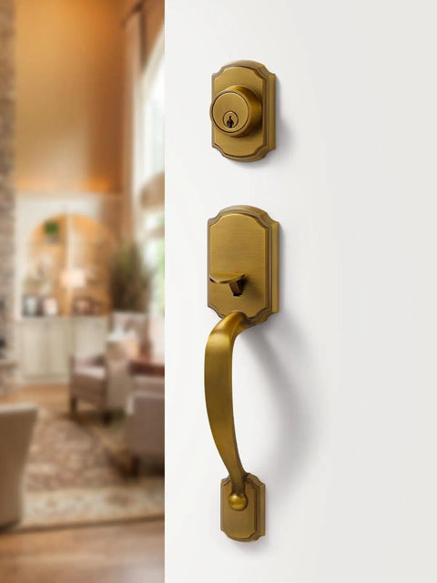 Antique Brass Front Door Handle And Deadbolt Set With Reversible Lever Handleset Dope Security Lock And Key Single Cylinder Easy Install
