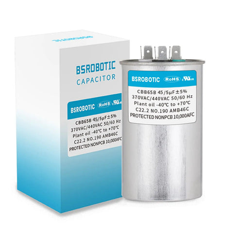 45 Plus 5 uF Dual Run Round AC Capacitor For Air Conditioning Units 370/440 VAC CBB65B and packaging box