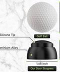 Heavy Duty Aluminum Door Stopper With Soft Silicone Head And Spring Shock Absorption Real Deal Wall Protector Rustproof Anti Scuff Door Holder In Sleek Black dimensions shown next to a golf ball for scale.