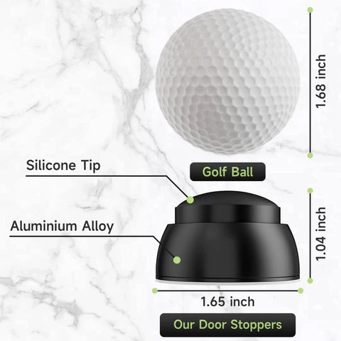 Heavy Duty Aluminum Door Stopper With Soft Silicone Head And Spring Shock Absorption Real Deal Wall Protector Rustproof Anti Scuff Door Holder In Sleek Black dimensions shown next to a golf ball for scale.
