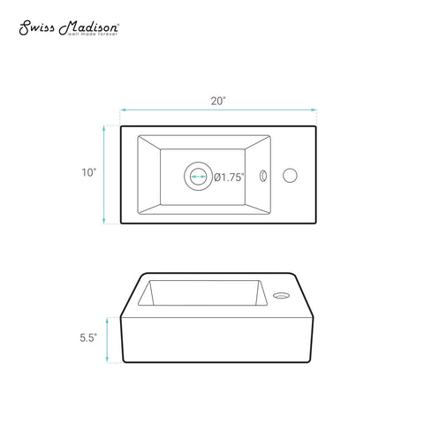 Technical drawing of Voltaire Sleek Wall Hung Sink In Glossy White With Space Saving Wall Mount Modern Minimalist Bathroom Fixture