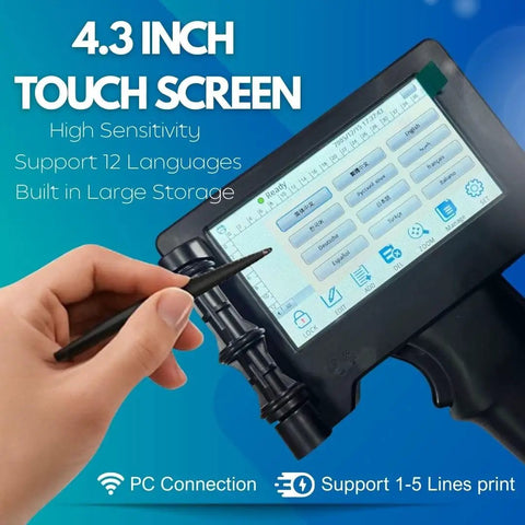 No Strings Attached Smooth Operator Cordless Handheld Inkjet Printer With Waterproof Quick Dry Cartridge showing 4.3 inch touch screen and stylus.