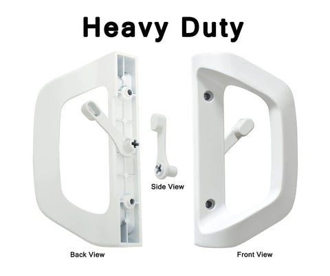 Heavy duty sliding patio door handle lock set with key cylinder and mortise lock, shown in front, back, and side views.