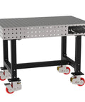 Shop Ready Heavy Duty Welding Fixture Table With Precision Laser Cut Grid Holes And Smooth Rolling Locking Casters For Zero Fuss Fabrication Rigs 48X30X36 with black frame and locking casters.