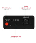 Front view of Mini Stereo Audio Preamplifier And Headphone Amplifier with 20dB gain, showing power button, headphone and volume controls.