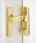 Close-up of Heavy Duty Gold 90 Degree Barn Door Lock With Flip Gate Latch And Dual Secure Mounting built for strong protection.