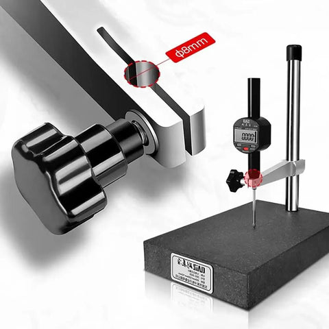 Grade 00 Precision Granite Measuring Stand with 150x100x50mm base, 8mm holder detail, and 250mm support rod