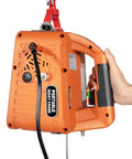 Close-up of Heavy Duty 660 Lb Electric Chain Hoist With Manual Cable And Wireless Remote, orange portable design.