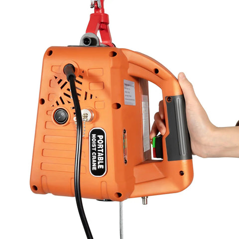 Close-up of Heavy Duty 660 Lb Electric Chain Hoist With Manual Cable And Wireless Remote, orange portable design.