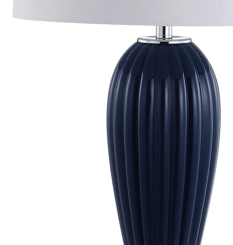 Navy Ribbed Glass Table Lamp With Crystal Base For Living Room And Bedroom, Contemporary Bedside Light With White Faux Silk Shade