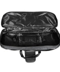 Open black heavy duty large capacity multipurpose telescope bag with shock absorption and non slip closure, visible interior compartments.