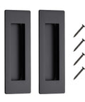 Two Pack Pocket Door Handles 5.9 Inch Rectangular Recessed Pulls For Sliding Closet And Barn Doors Black Flush Finger Pulls Stainless Steel 304 Solid Metal Durable Hardware With Smooth Operation, front view with screws