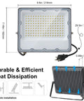 Front and back view of Dual Pack 100W LED Flood Lights with plug, showing dimensions and heat dissipation design.
