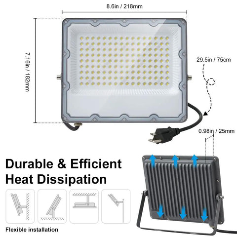 Front and back view of Dual Pack 100W LED Flood Lights with plug, showing dimensions and heat dissipation design.