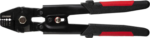 Spearfishing Crimping Tool Kit With Three Multifilament Lines In 1.6mm, 1.8mm And 2mm black tool with padded red handles
