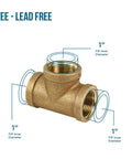 1 Inch Brass Tee FIP Fittings Lead Free Brass Class 125 NSF 61-4 AB1953 Approved Pressure Tested, labeled with measurements