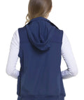 Back view of navy Zip Front Scrub Vest With Detachable Hood For Women, Stretch Fabric, Flattering Fit, Plenty Of Pockets, Size XS to 3XL