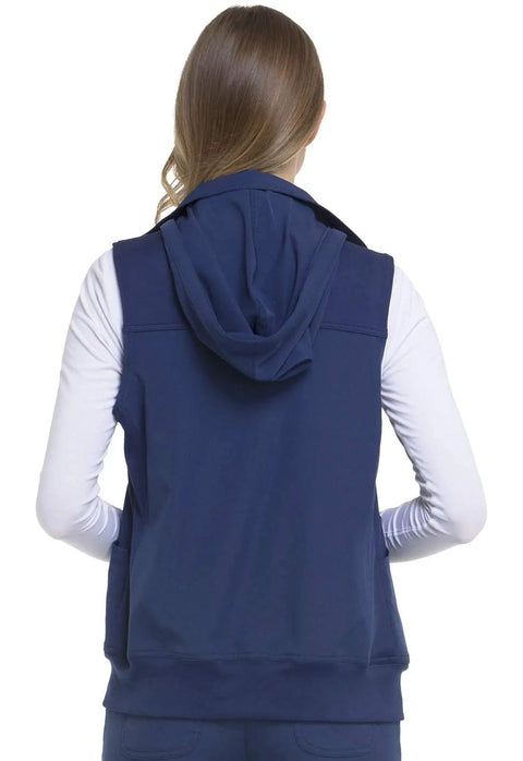 Back view of navy Zip Front Scrub Vest With Detachable Hood For Women, Stretch Fabric, Flattering Fit, Plenty Of Pockets, Size XS to 3XL