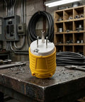 Heavy Duty NEMA 5-15P To Dual Receptacle Adapter 15 Amp 125 Volt rugged ABS plug on a workbench.