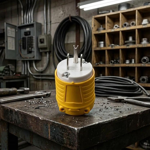 Heavy Duty NEMA 5-15P To Dual Receptacle Adapter 15 Amp 125 Volt rugged ABS plug on a workbench.